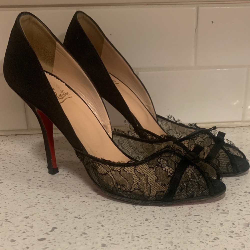 Christian Louboutin Black Lace Peep-Toe Heels